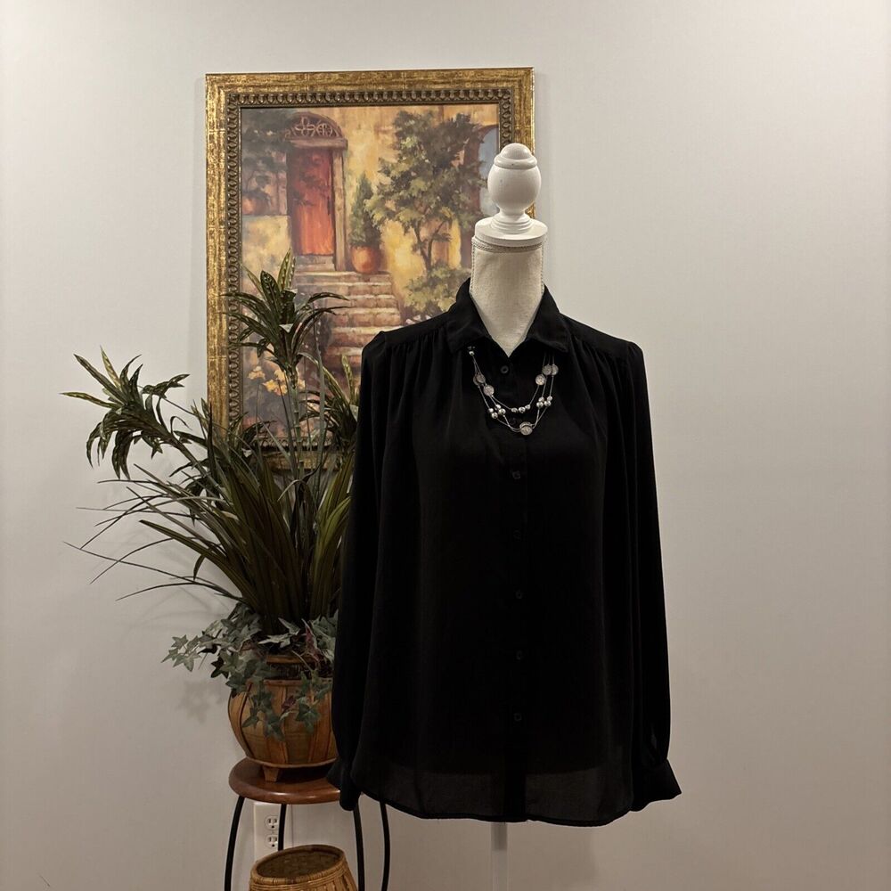 H&M Womens Top Size Small Black Sheer Long Cap Sleeve‎ Collared Button Up